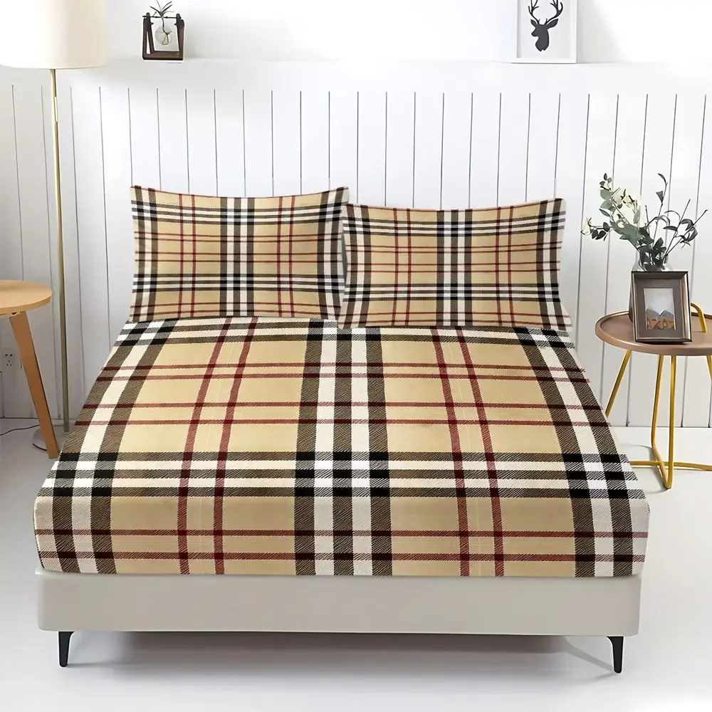 Vintage Khaki Plaid Check Print Fitted Sheet Set Bedding Set No Fillers Soft Retro Adult Bedroom Digital Bedding Decor