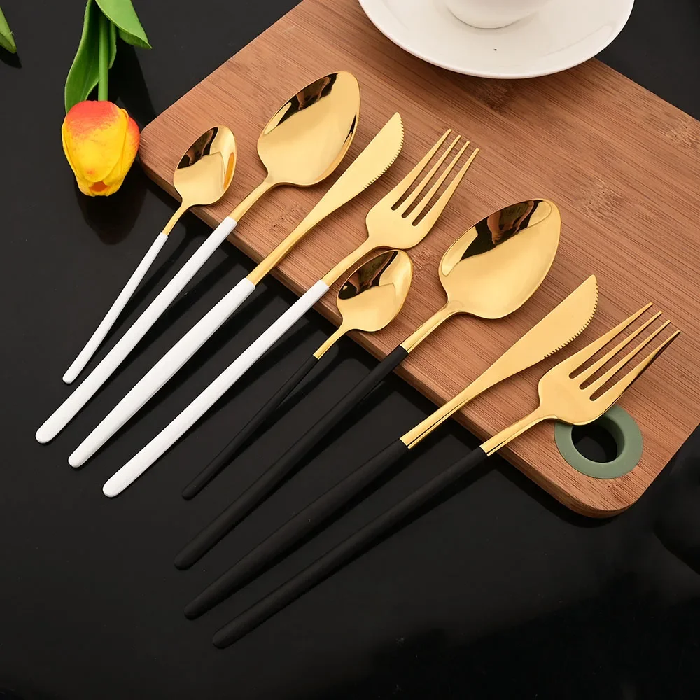24Pcs/Set Dinnerware Stainless Steel Mirror Black Cutlery Set Kitchen Fork Coffee Spoon Knife Tableware Flatware Set
