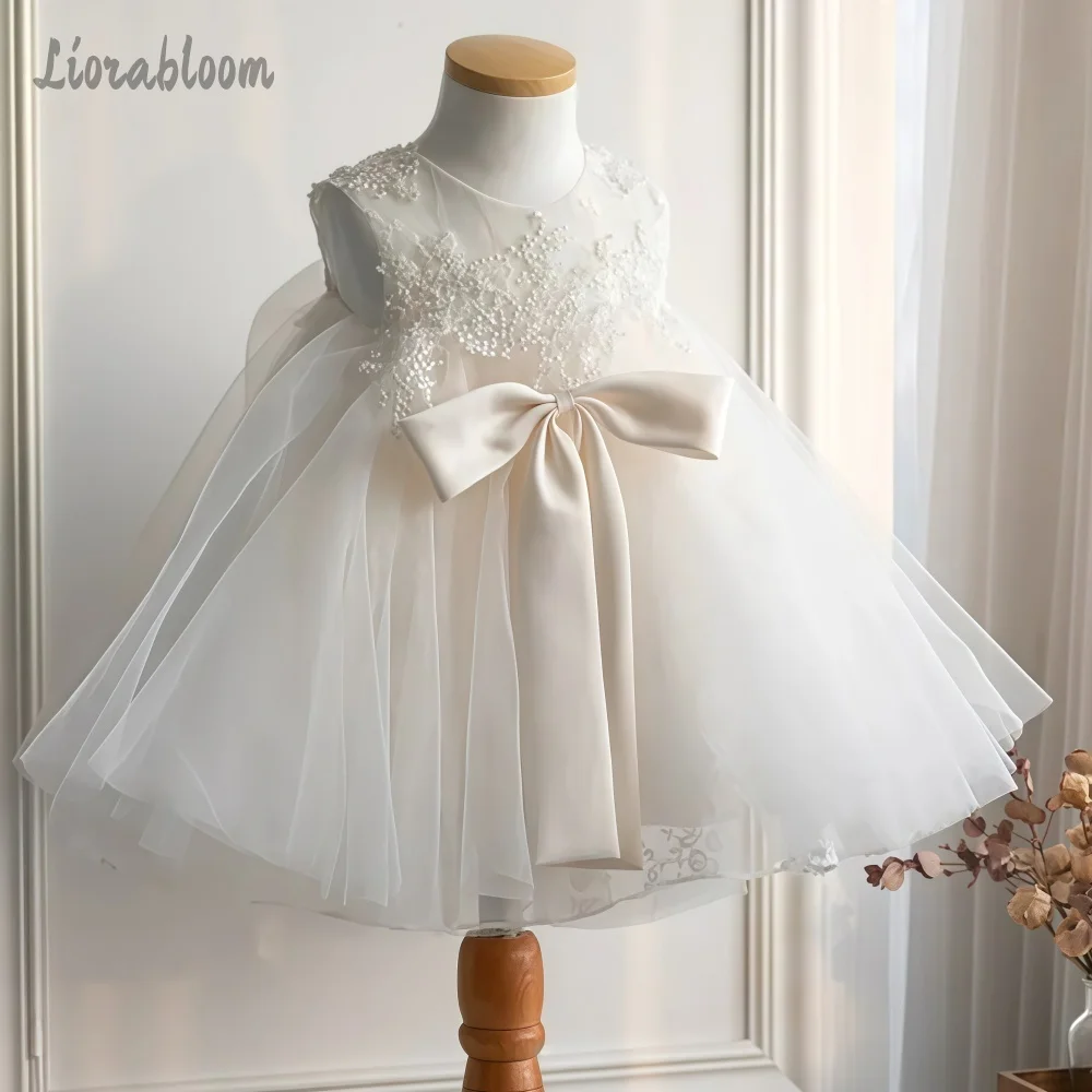 Girls' White Lace Mesh Dress Featuring Large Bow Accent Flower Girl Gown Formal Party Dress Elegant Princess Dress