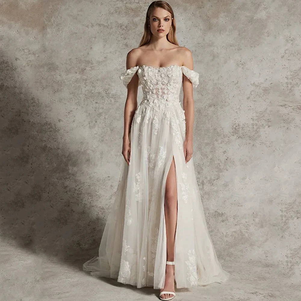 Vintage Off the Shoulder Wedding Dress Short Sleeve A-Line Side Slit Floor Length Boat Neck Backless Bridal Tulle Marriage Gowns