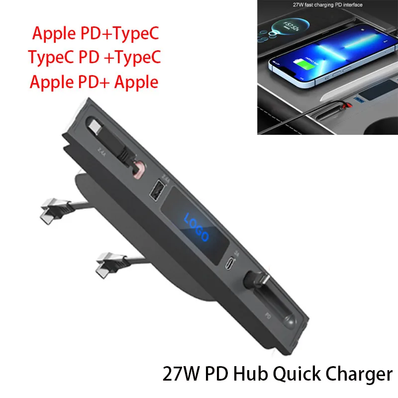 

27W PD Hub Quick Charger LED Display Shunt Hub Expansion Center Console Intelligent Sensor for Tesla Model 3/Y Docking Station