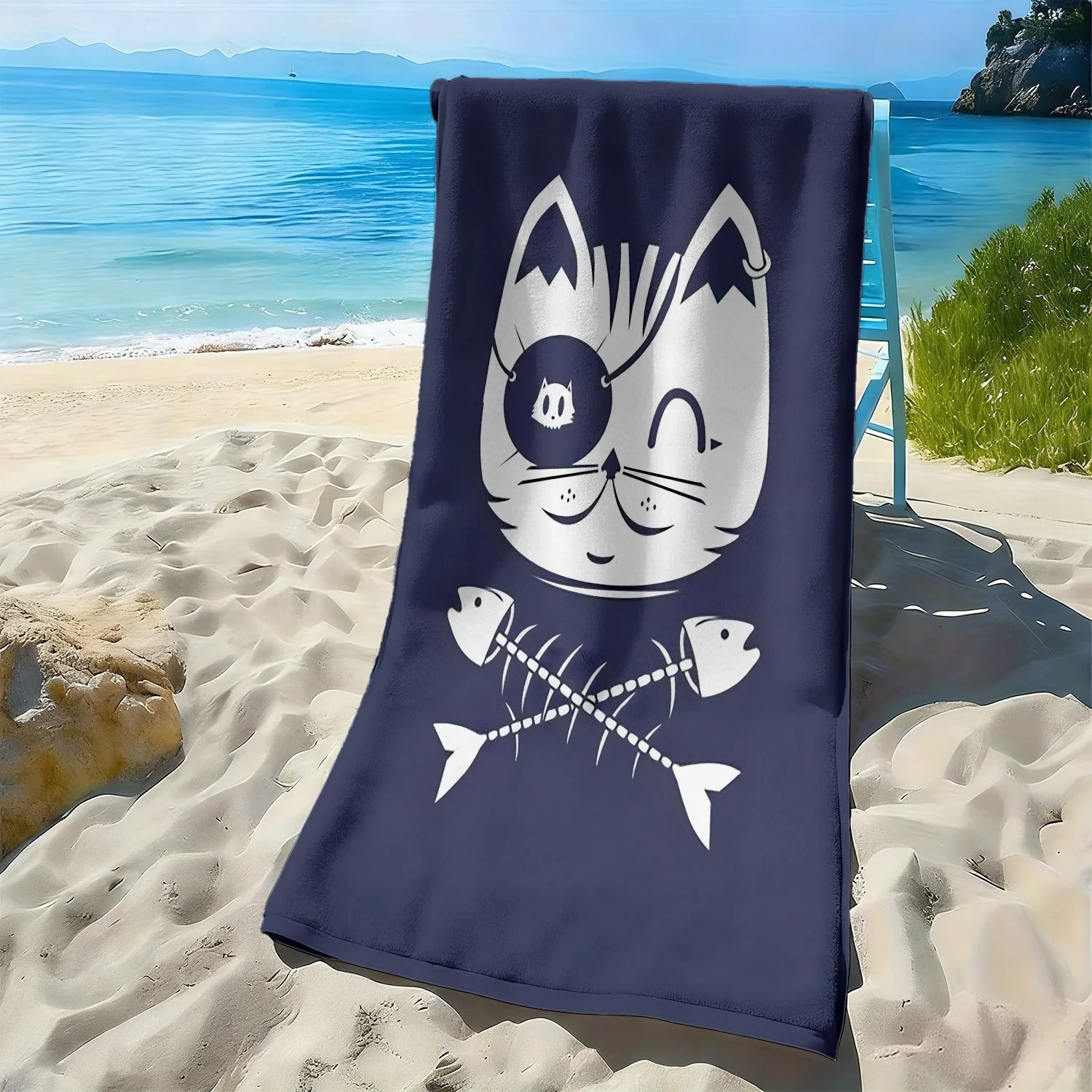 One-eyed pirate wind cat pattern polyester microfiber beach towel is highly absorbent, suitable for swimming and beach outings