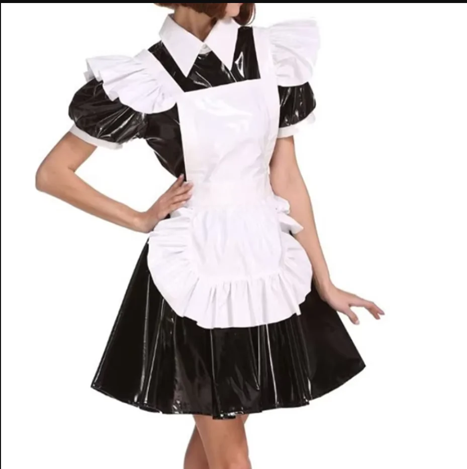 

Best Selling Sissy Black PVC Lovely Lolita Maid Clothes French Maid CD / TV Girl Role Play Clothes Can Be Customized