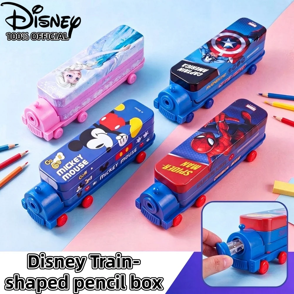 Genuine Disney 2Tier Large Capacity Train Pencil Box Cool Spider-Man Frozen Metal Stationery Organizer With Sharpener Party Gift