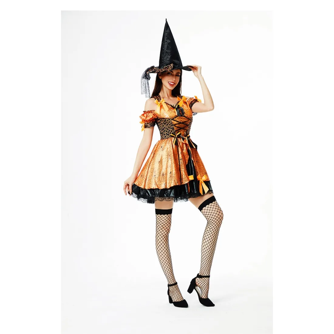 Adult Women Halloween Costume Cosplay Pumpkin Witch Hat Dress Performance Suit  Funny Themed Party Role Playing Outfit