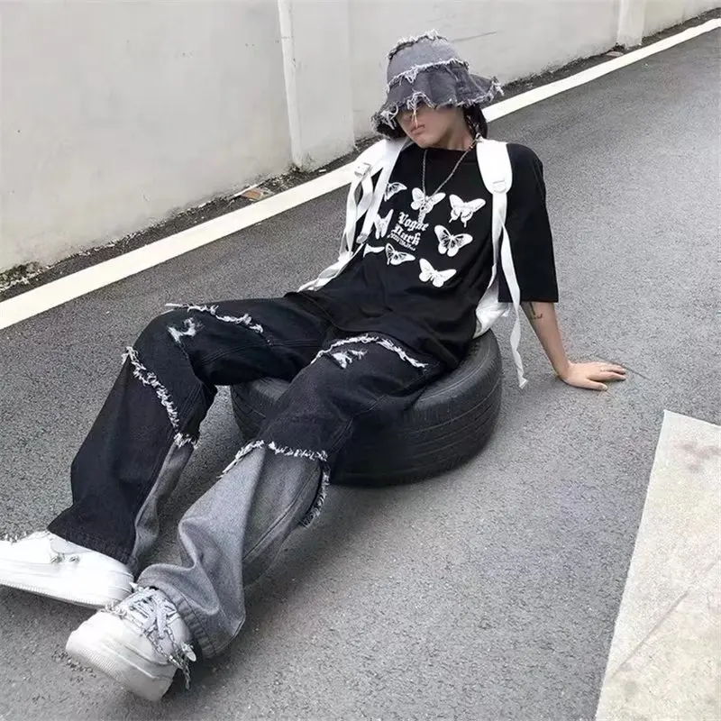 Nice Korean Fashion Ripped Jeans Pants Men Broken Holes Trousers Casual Soft Stylish Regular Baggy Straight Denim Trousers