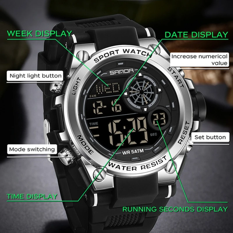 SANDA 6255 موضة ساعة رجالي إلكترونية رياضية متعددة الوظائف مقاوم للماء مضيئة كرونوغراف ساعات للرجال Reloj Hombre