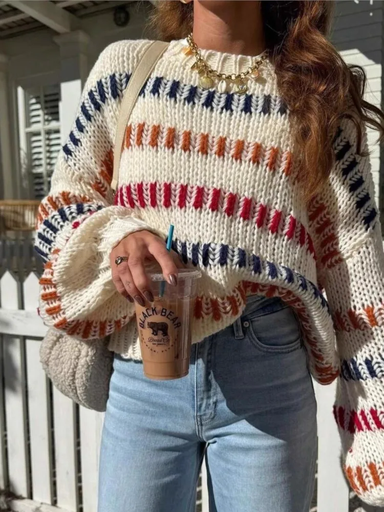 Pullover All-match Loose Simple Style Sweater Winter Clothes Woman Pull Femmes Comfortable Dolman Sleeve Color Colorful Contrast