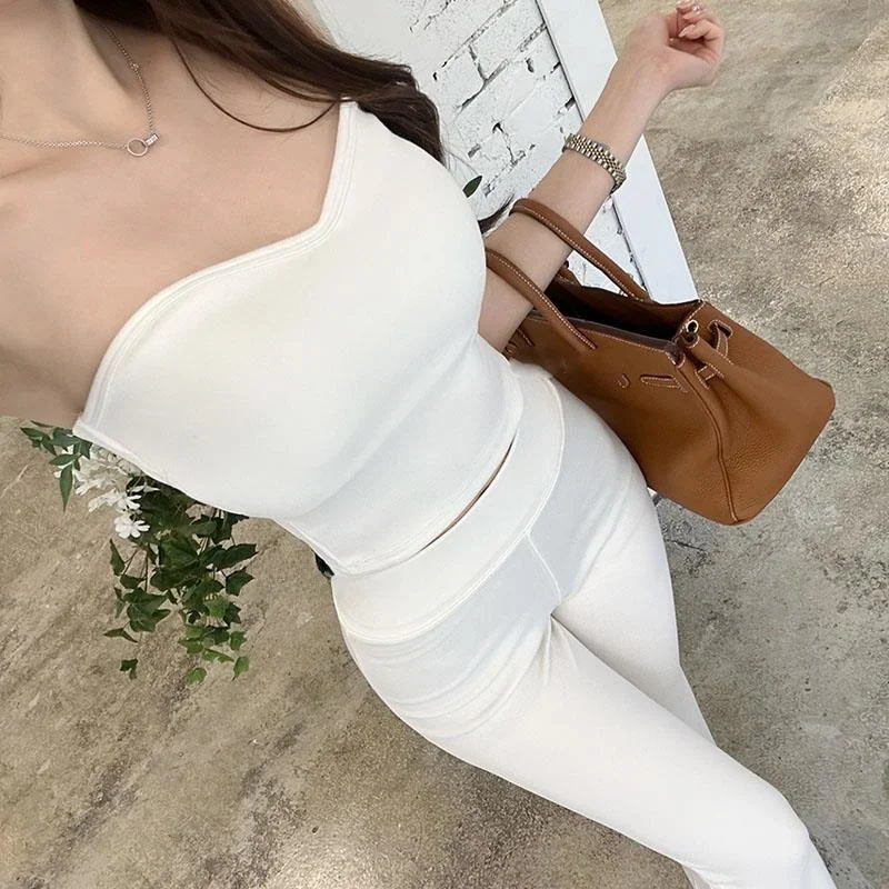 

Elegant Women's Shoulder-baring Crop Top And Casual Pants Set by Zhi Che MM328 Highlighting Body Shape Summer Fashion