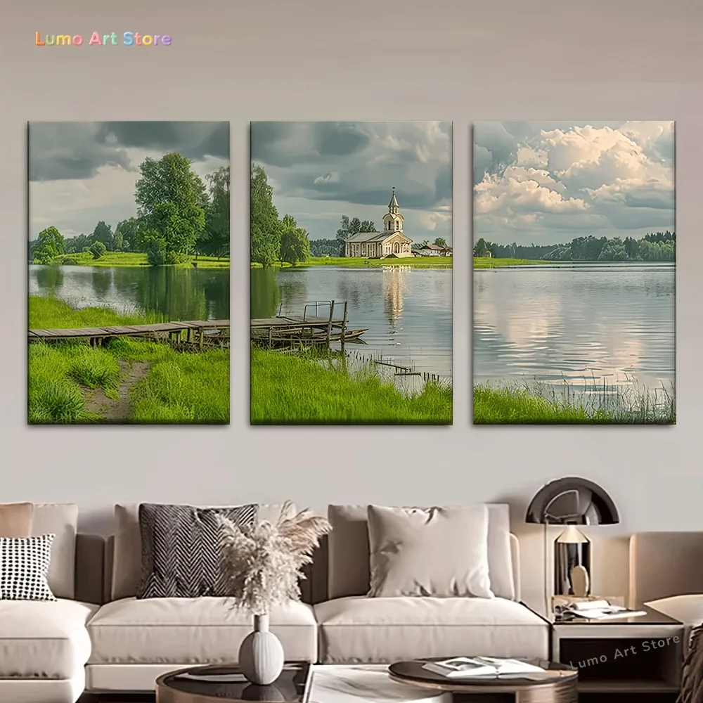 3pcs/set, Canvas painting--Unframed, 76.2x50.8cm, Quiet lakeside cottage, Wall decoration, bedroom, living room, library, off