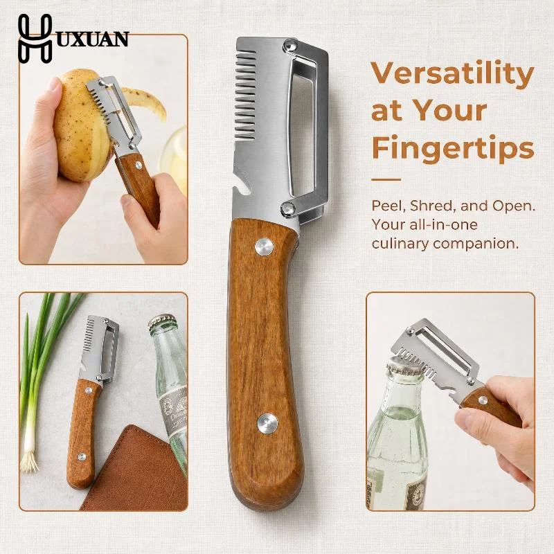 Multi-Functional 3-in-1 Stainless Steel Serrated Vegetable Peeler With Wooden