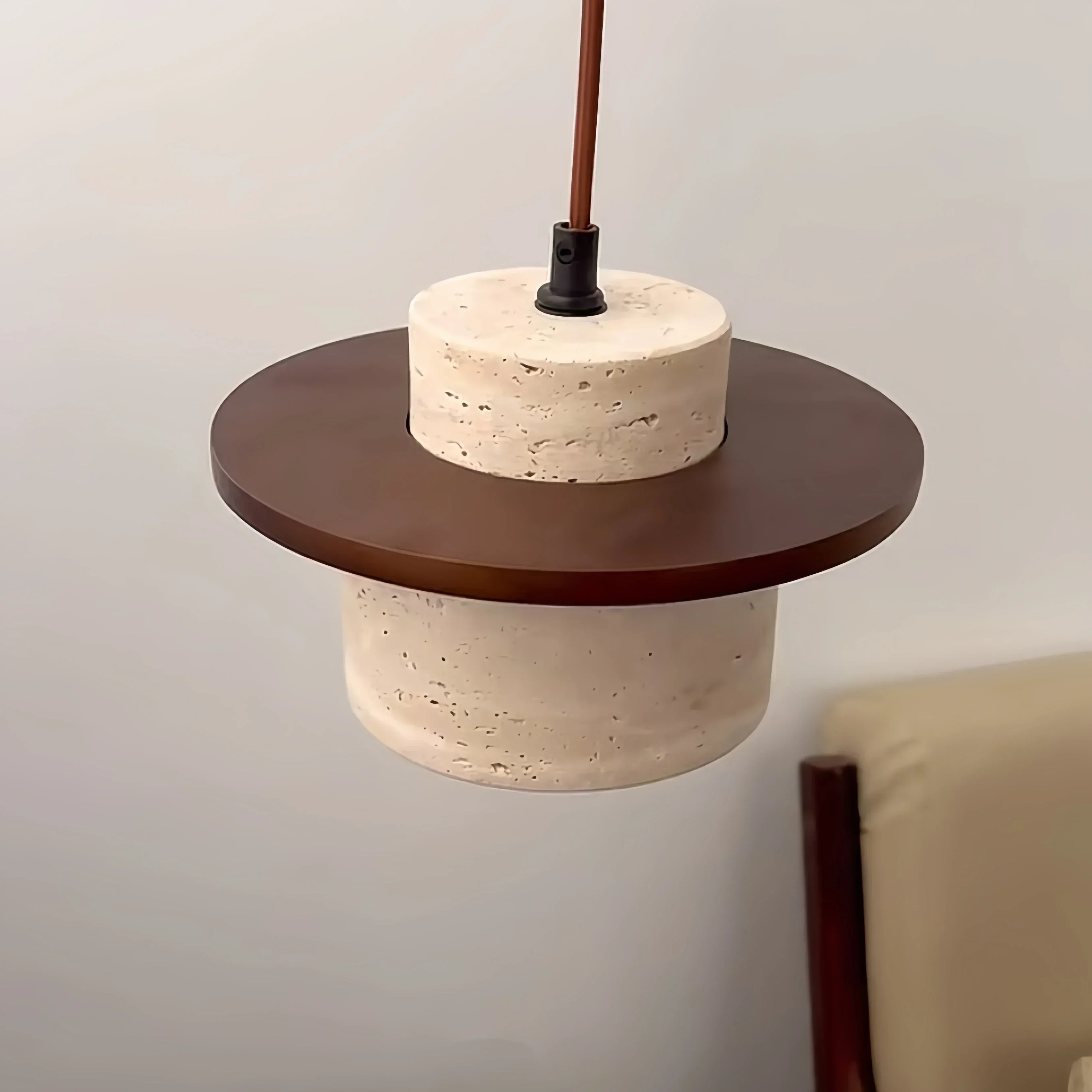 TechHPHigh Quality Stone Pendant Light Indoor LED Walnut/Log Yellow Travertine Chandelier Parlor