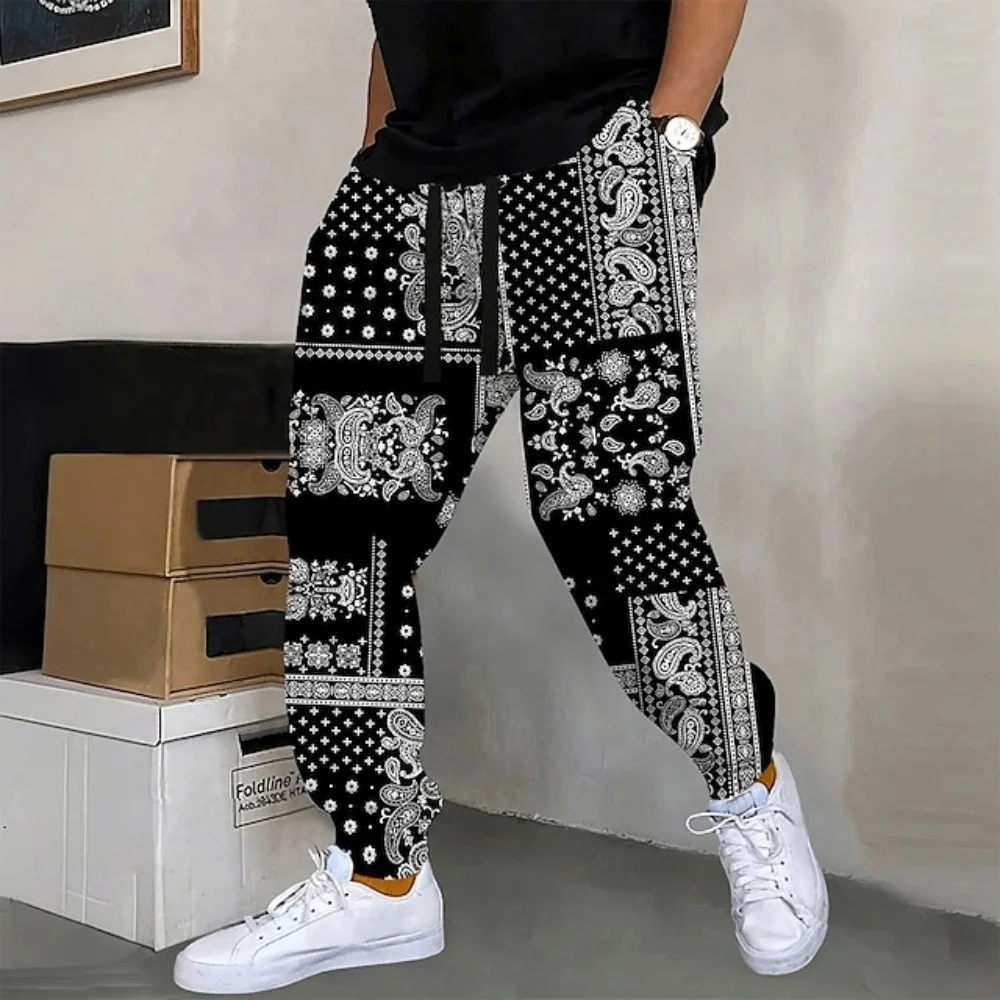 

Men's Casual Pants - Splicing Cashew Flower 3D Printing Drawstring Tight Sports Running Pants Fashion Street Pants Warm Pants
