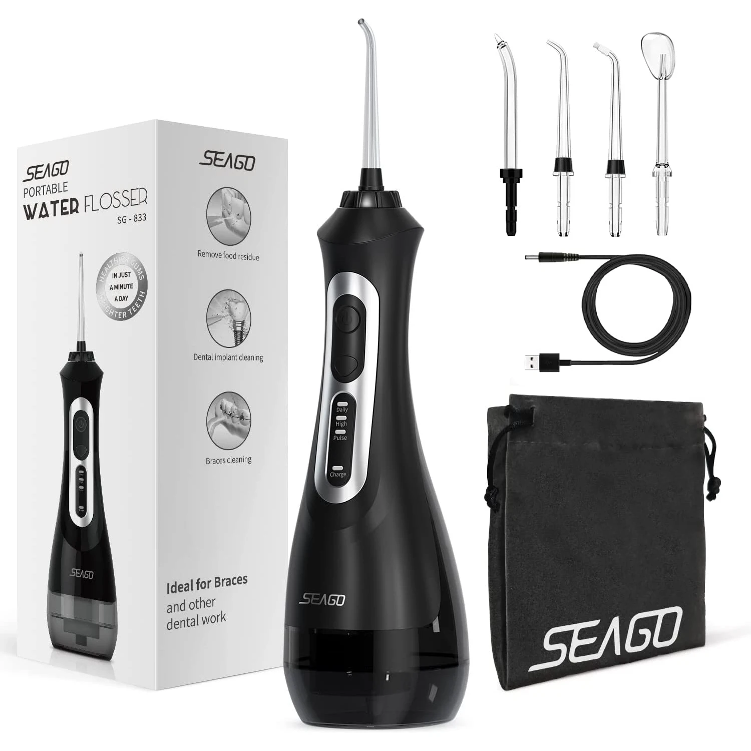 SEAGO-새로운 구강 치과 휴대용 물 플로셔 SG833, USB 충전식, 3 모드, DIY 모드, IPX7, 치아 청소용 물 