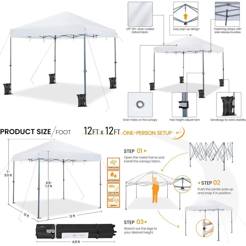 

Portable Outdoor Instant Canopy Tent, Easy Set-up 12x12 Gazebo, Commercial Grade with Wheeled Carry Bag for Outdoor Events