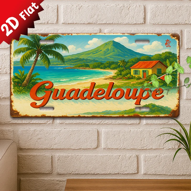 Adorno de Pared Metálico Vintage 2D Flat, Cartel Impreso Paisaje Tropical Texto Guadalupe