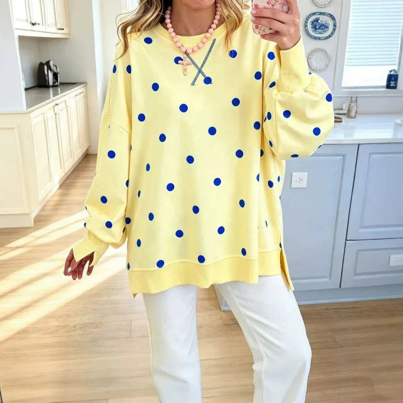 New Autumn Polka Dot Cross-border European and American Women's Top Loose Pullover Printed Color Contrast Long-sleeved Fashion