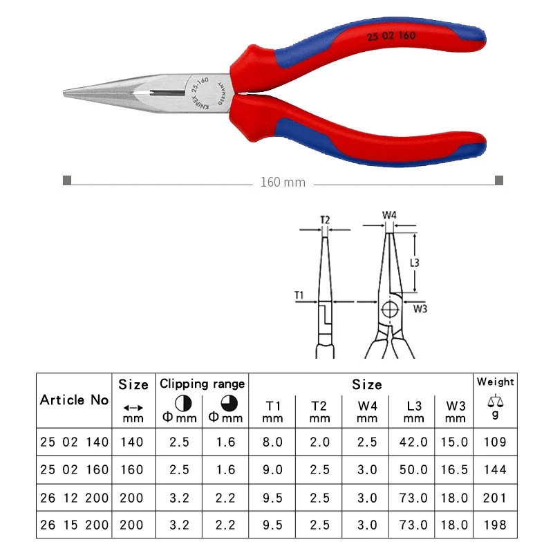 Knipex Tools Long Nose Pliers Holding Electronic Snip Nose Side Cutting Plier 25 02 140|25 02 160| 26 12 200|26 15 200