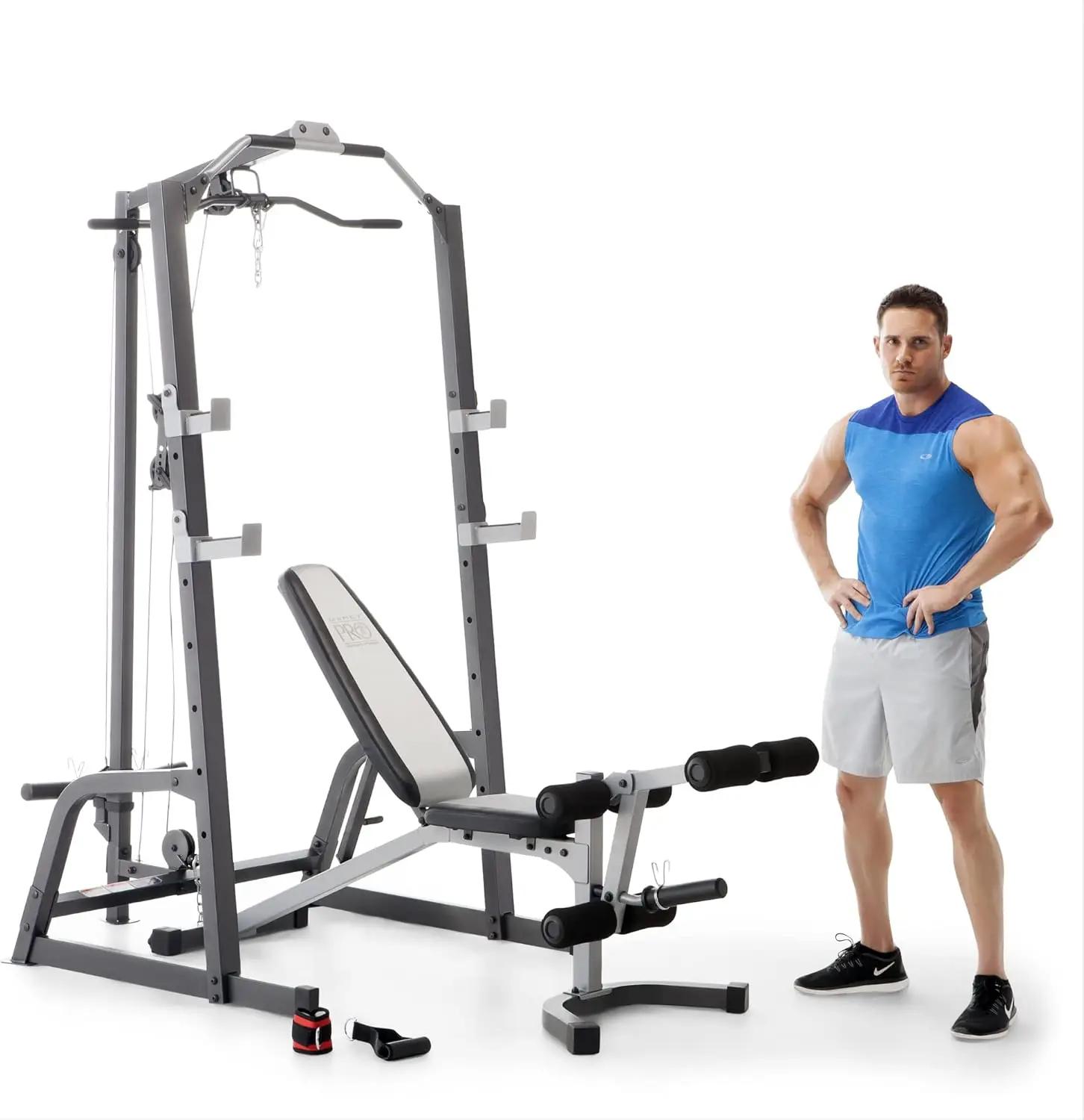 

Pro Deluxe Cage System with Weightlifting Bench All-in-One Home Gym Equipment PM-5108,Black/Silver