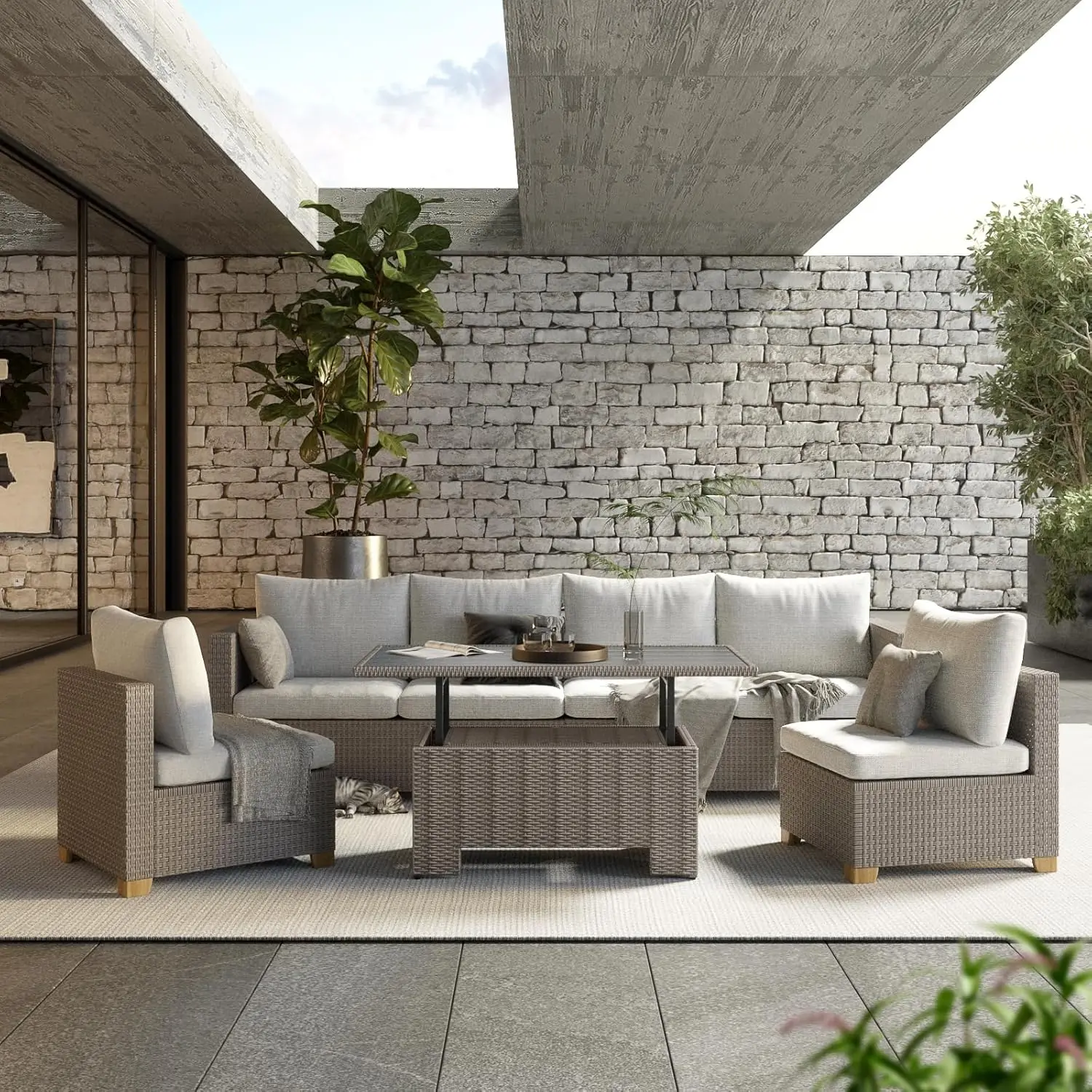 

Black & Grey Plaid-5 PCS5-Piece Outdoor Sectional Sofa Sets, All-Weather Wicker Patio Furniture Sets with Coffee Dining Table