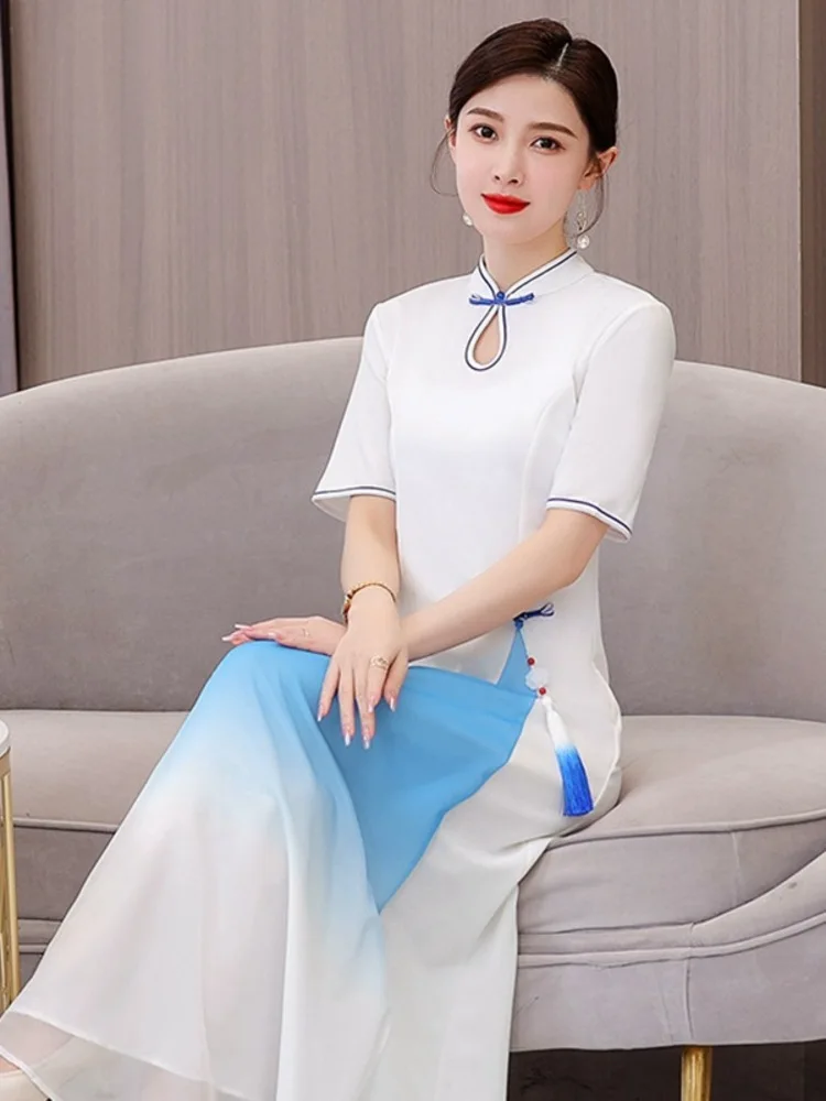 

Elegant Classical Dance Dress for Women | Mesh Patchwork Slim Fit Short Sleeve Gown with Stand Collar | Stage Performance Wear