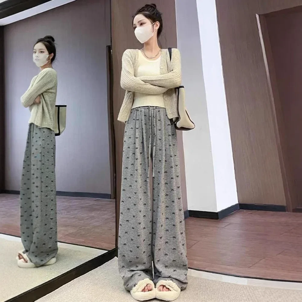 دقيق الشوفان فراشة عقدة الدبق السراويل النسائية ربيع الخريف عالية الخصر ثنى عادية كسول لينة واسعة الساق بنطلون