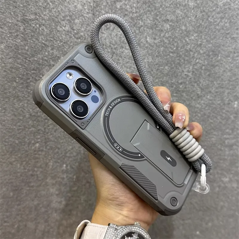 Luxury Stand Holder Anti-fall for Magsafe Phone Case for IPhone 17 16 13 12 Pro Max 15 14 Plus Wrist Strap Shockproof Back Cover - view 4