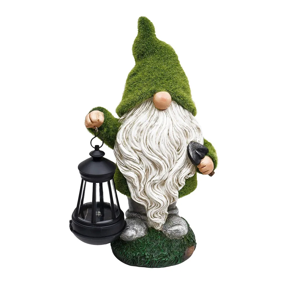 Flocked Gnome Statue with Solar Light Decorative Moss Gnome Figurine Outdoor Gnome Decoration for Patio Lawn Yard Balcony
