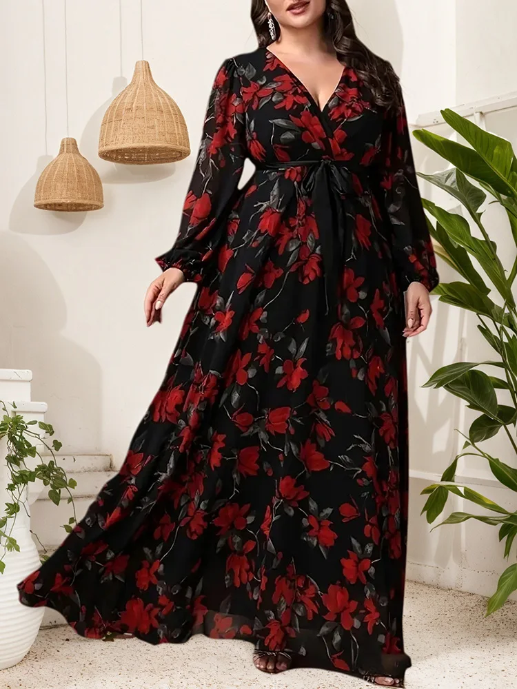 Gibsie plus size floral impressão com decote em v vestido com cinto feminino primavera e outono boêmio férias manga longa elegante maxi vestidos
