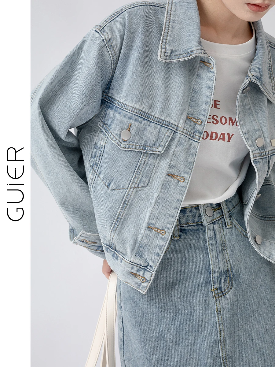 

Guerre OE Vintage Sle, женская джинсовая куртка, гибкая, гладкая, не плотная, из смеси хлопка, весенняя мода, повседневный воротник