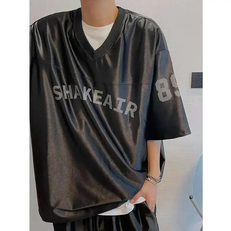 Summer glossy men sports fitness top Short sleeve plus size t shirt streetwear