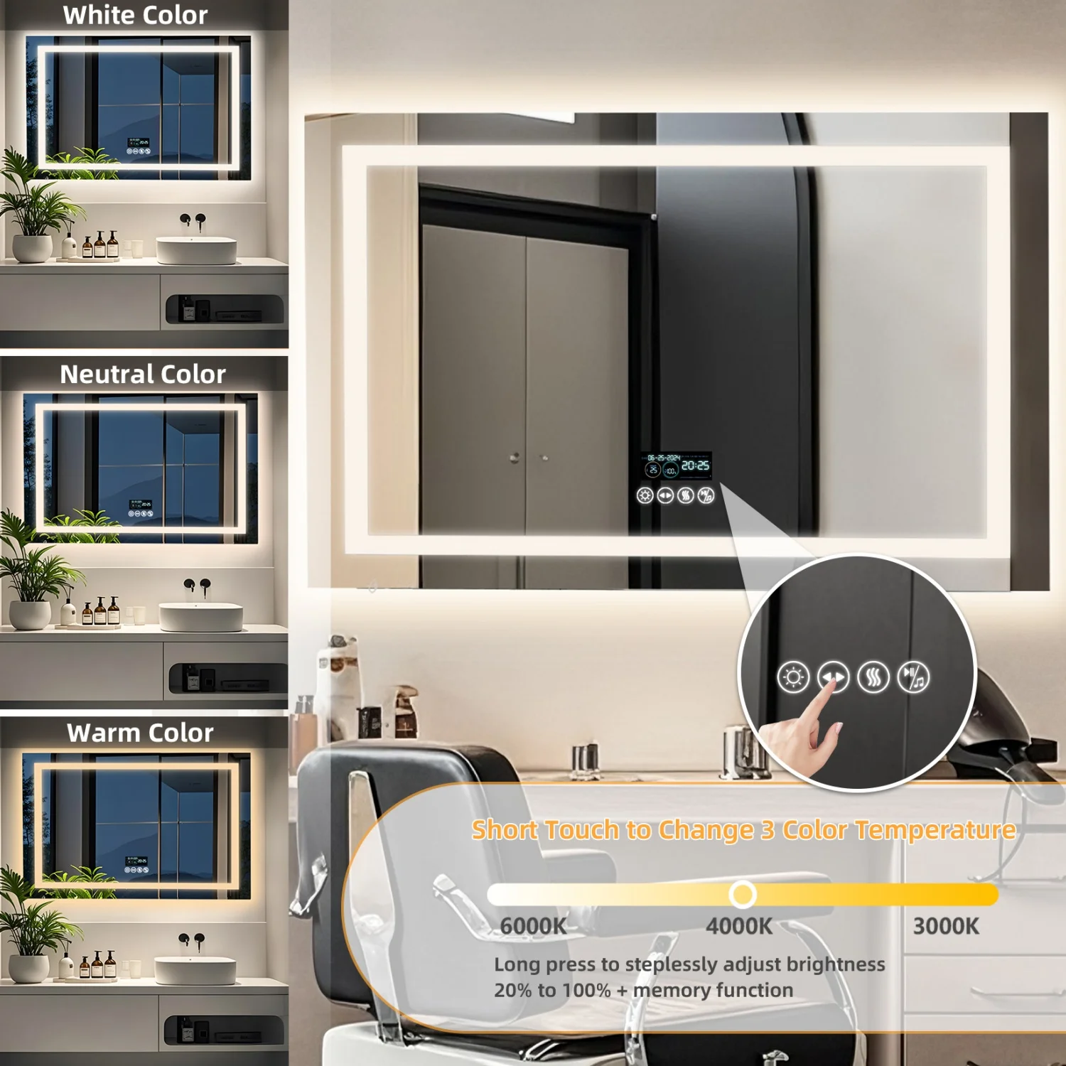 80/100/120/140cm LED Bathroom Mirror with Bluetooth Speaker Antifog Dimmable 3 Lights Time Setting Backlitligth Vanity Wall Mirr