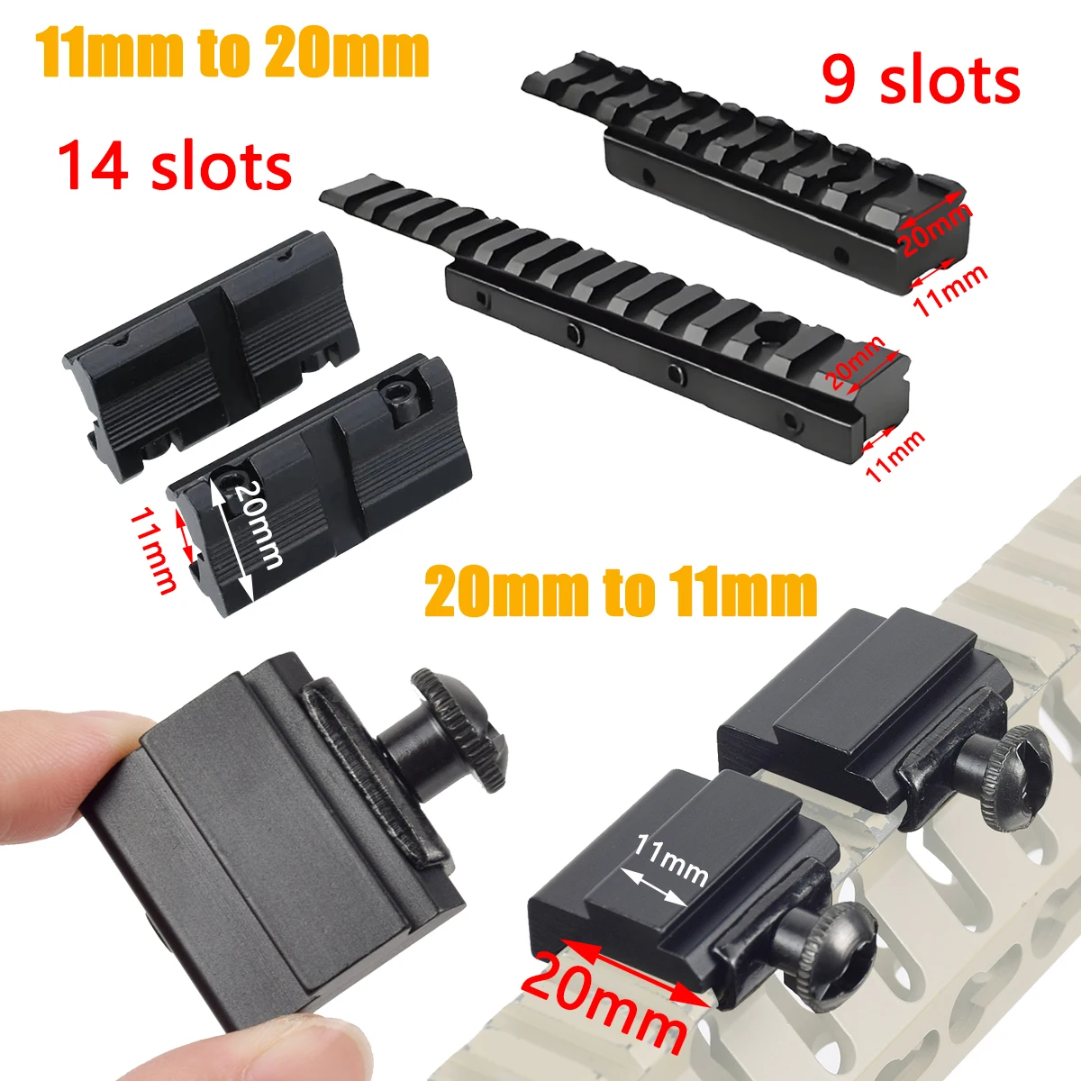 

Tactical 11mm to 20mm Sight Scope Adapter Mount Conversion Base 20mm to 11mm Rail Mount Converter 9/14 Rail Slots Accessories