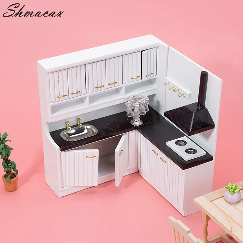 

1: 12 Doll house kitchen console Mini White cooking table two-piece set