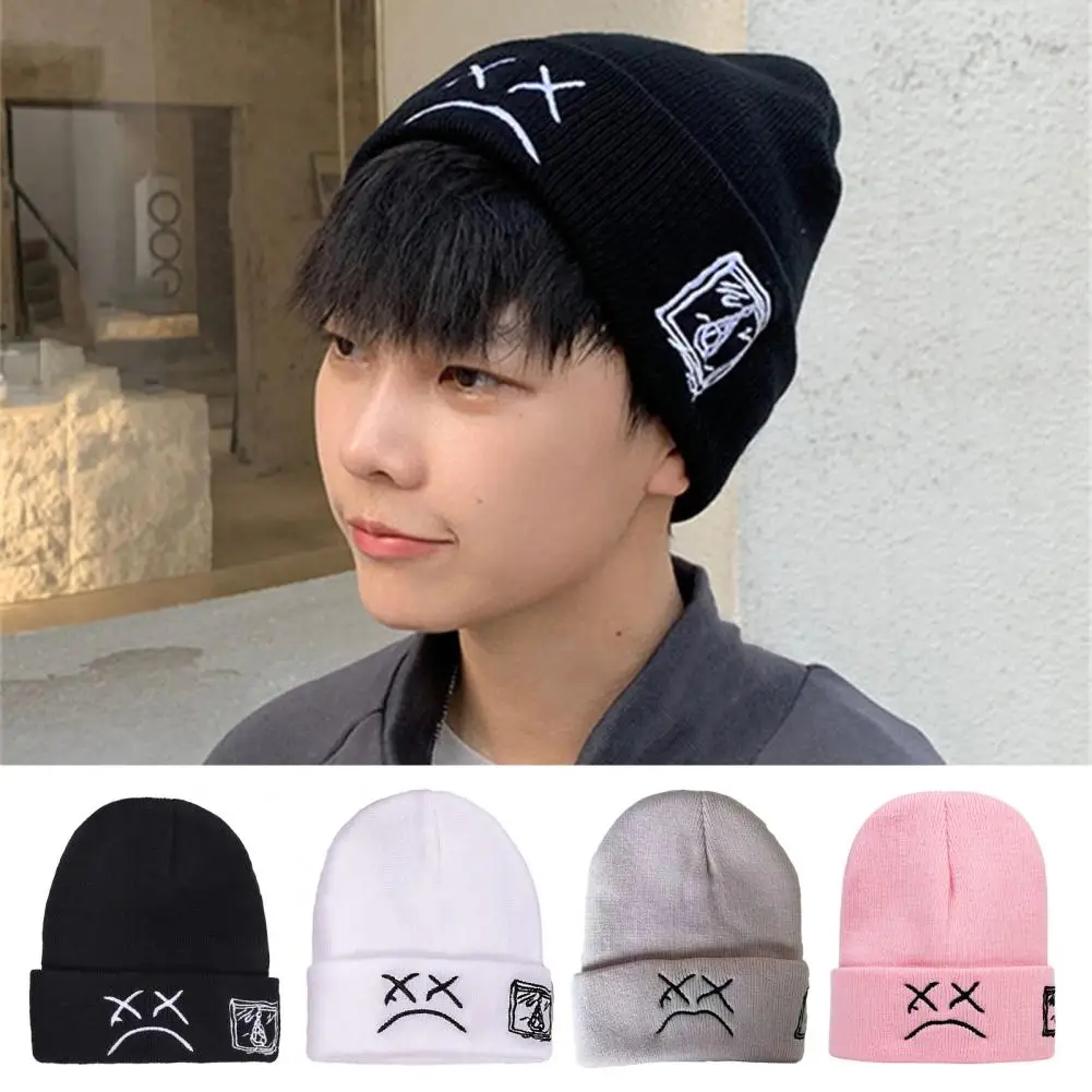 

Winter Women Beanie Knitted Hat Embroidered Knitted Hat With Sad Expression Hip-hop Style Beanie Hat Men Warm Woolen Hat