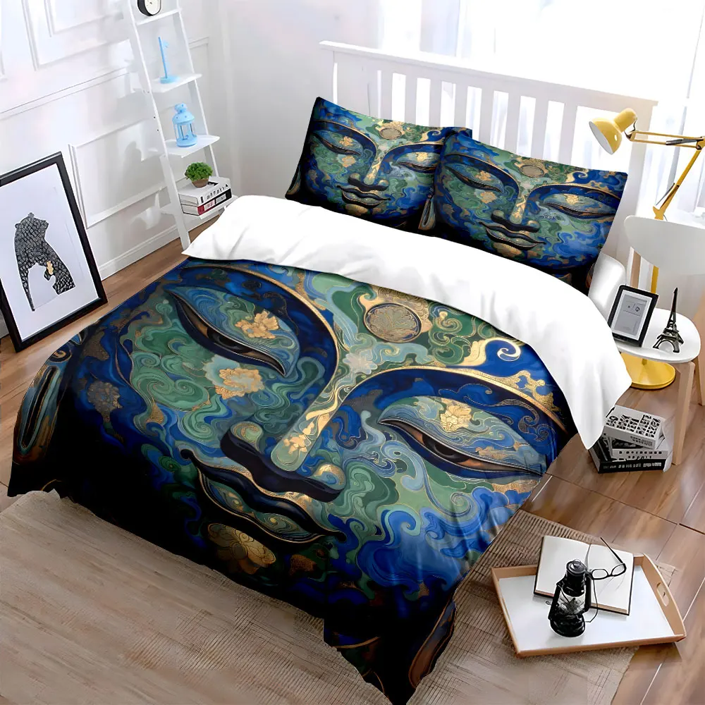 Ornate Buddha Face with Blue-Green Gold Pattern Duvet Cover Set Digital Print Colorful Polyester Bedding with Zipper Closur