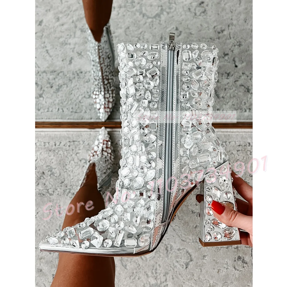 Sparkle Clear Crystal Boots Lady Chunky Heels Mid Calf Side Zipper High Heels Shoes Women Pvc Gems Trendy Nifty Big Size Boots