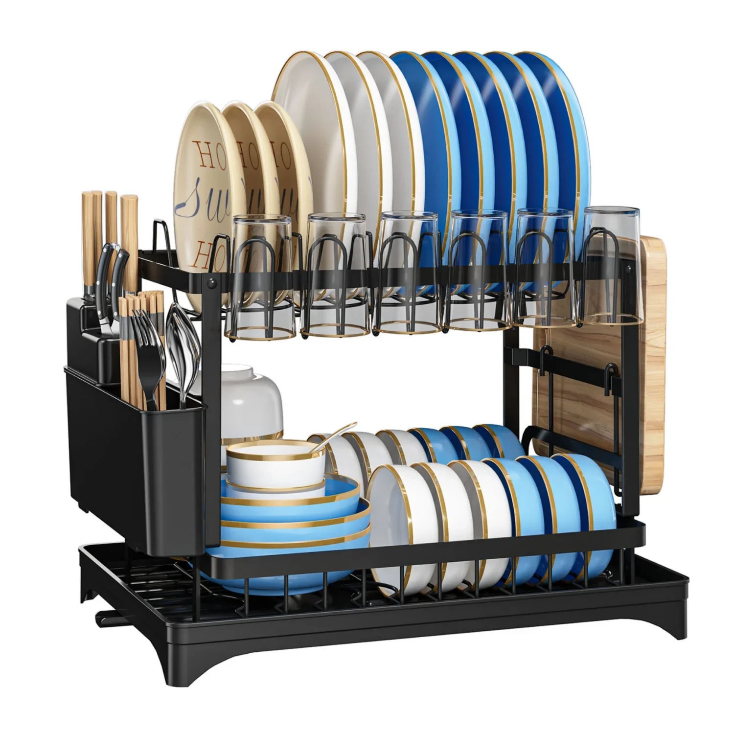 2-Tier Dish Drying Rack with Drainage Tray, Large Capacity Metal Dish Rack with Cup Holder, Utensil Cutter Holder & Knife Slots,