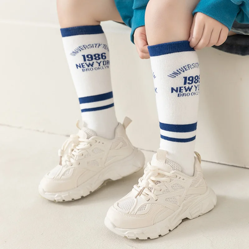 Three Pairs of Four Seasons Children\'s Trend Letter Striped Sports Fashion Comfortable Breathable Stockings for Boys and Girls