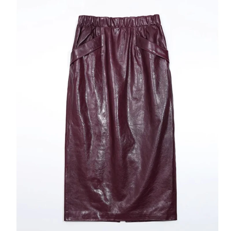 Retro Long 75cm Straight Elastic Waist  Leather Skirt for Women High Quality Oil-Waxed Sheepskin Simple Back Split  wrap Jupe