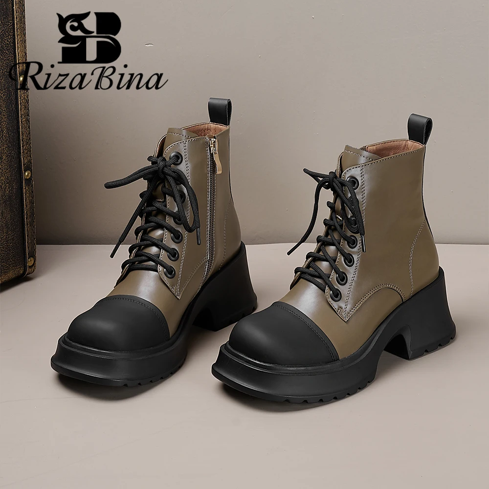 

RIZABINA Women Platform Boots Real Leather 2023 Winter Warm Short Plush Mixed Color Ankle Boots Non-slip Lace Up Chelsea Boots