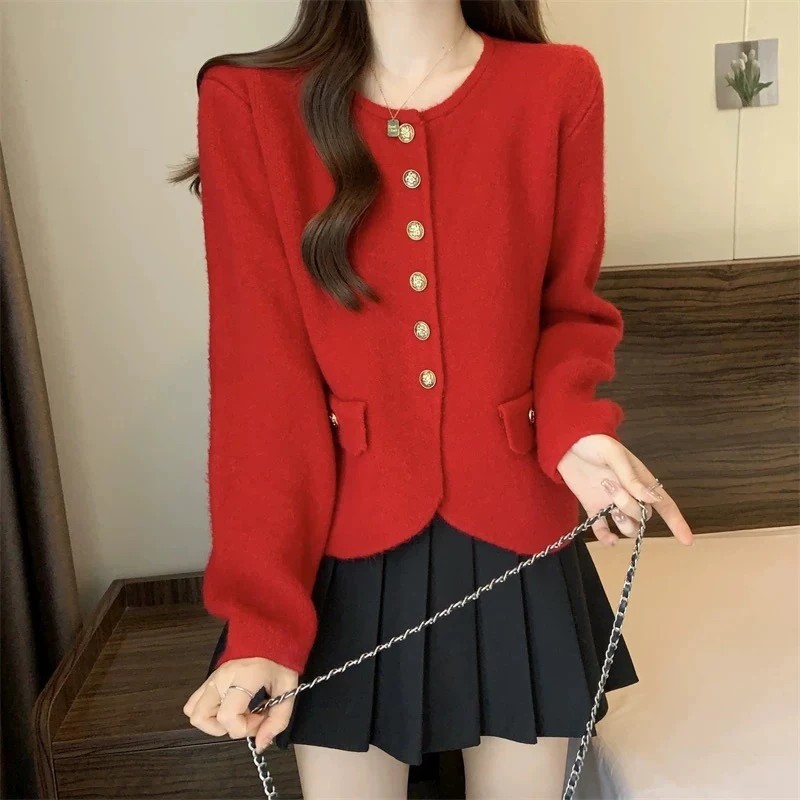 Korean Solid Long Sleeved Sweater For Women 2024 Single Breasted Round Neck Knitted Cardigan Autumn Winter Loose Female Tops