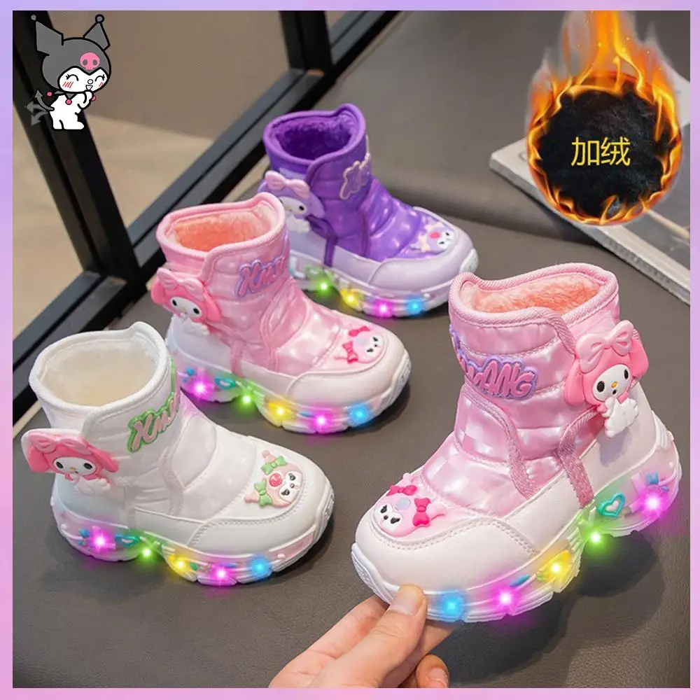 Sanrios Kuromi Children Snow Boots Girls Princess Boots Cute Melody Non-Slip Thicken Cotton Light Up Shoes Soft Cartoon Boots