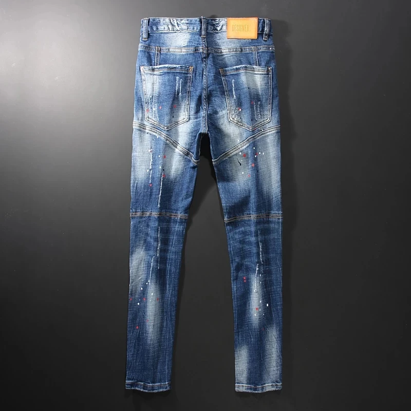 Jeans Slim Fit Split pour hommes, pantalons en denim résistants, peints en bleu rétro, mode de rue, designer, haute qualité, zones bre