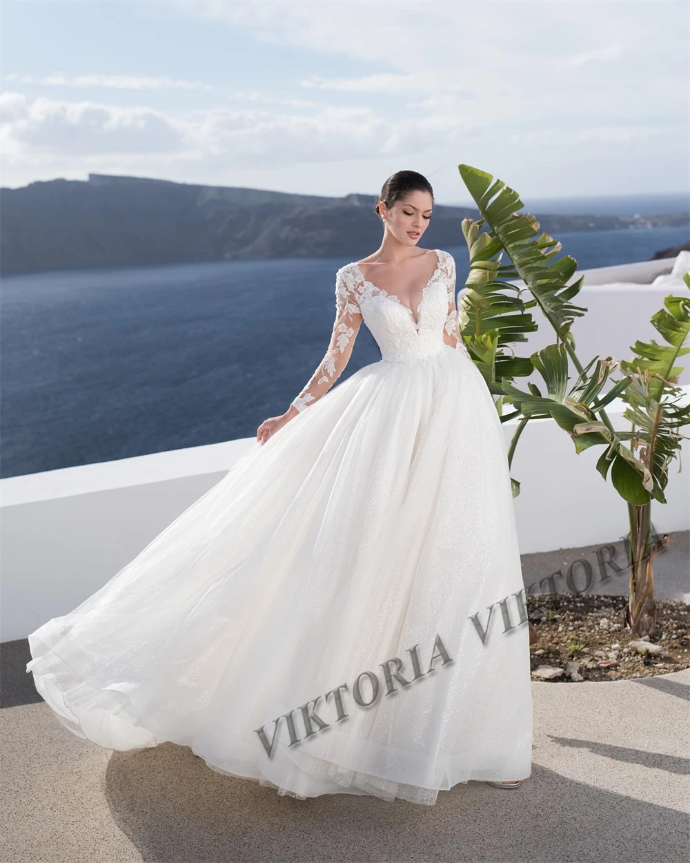 VIKTORIA Glitter Wedding Dresses For Woman 2024 Bridal V-neck Long Sleeves A-LINE Appliques Vestidos De Novia Customized