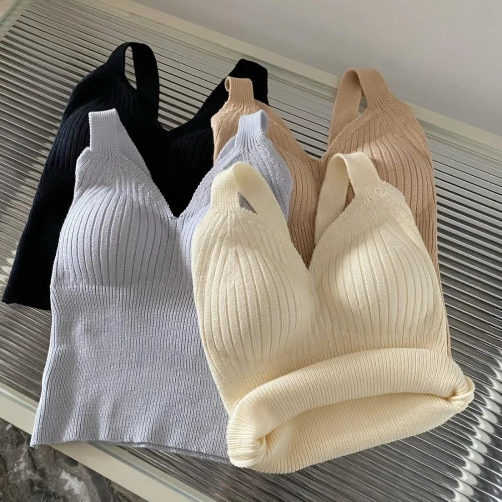 V-Neck Design Thermal Underwear Vest One-Piece Cup Heat-Generating Padded Camisole Top Strap Style Chest Pad Slimming Inner Wear