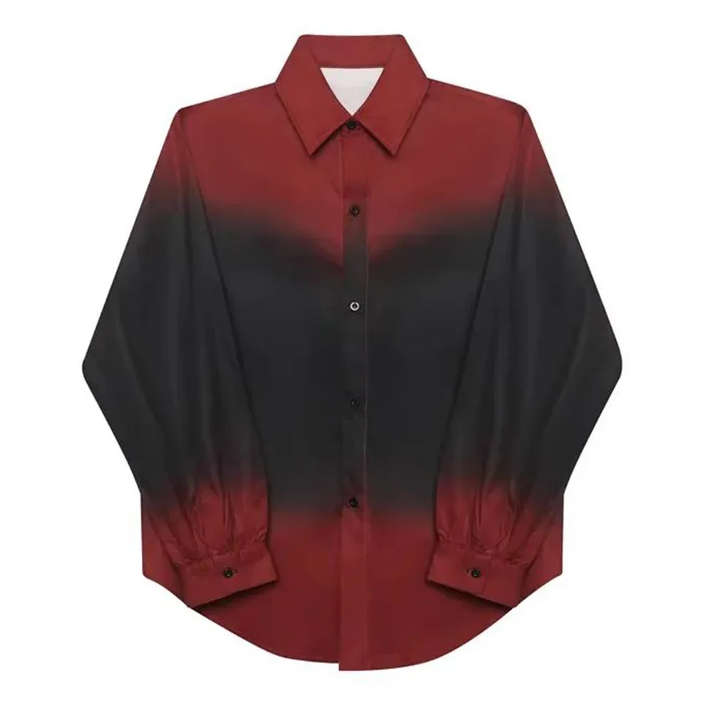 Mens Shirt Gothic Y2k Black Red Gradient Contrast Casual Shirt Summer Streetwear Hip-Hop Retro Niche Thin Long-Sleeved Top 2024