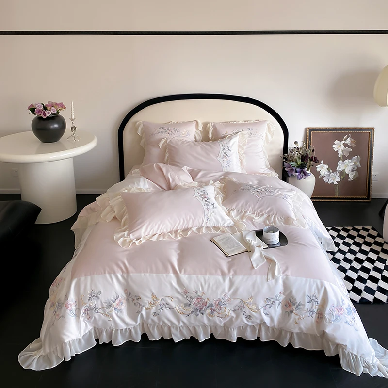 

Chic Flower Embroidery Ruffles Princess Bedding Set 1000TC Egyptian Cotton Duvet Cover Flat/Fitted Bed Sheet Pillowcases 4Pcs
