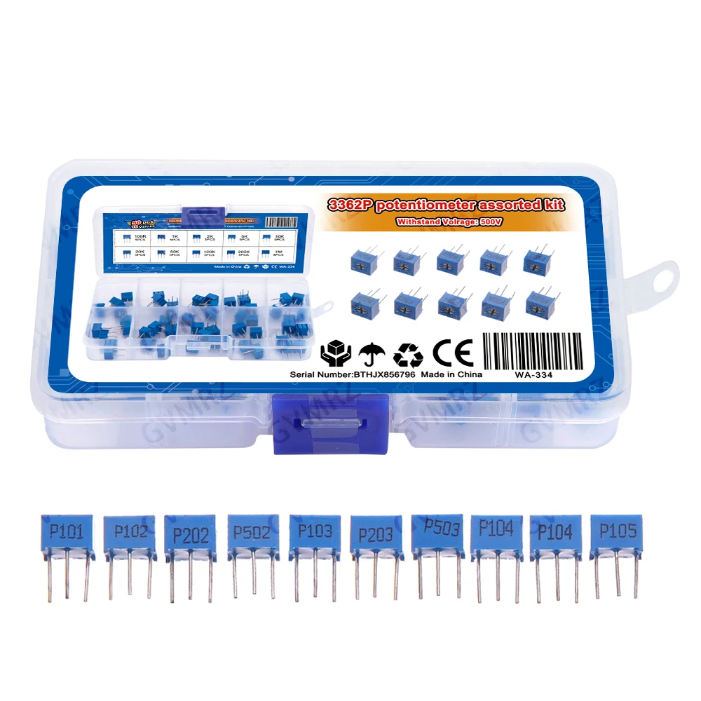 50PCS 3296W Multiturn Trimmer Potentiometer Kit 500R 1K 2K 5K 10K 20K 50K High Precision 3296 Variable Resistor Set  100K 200K