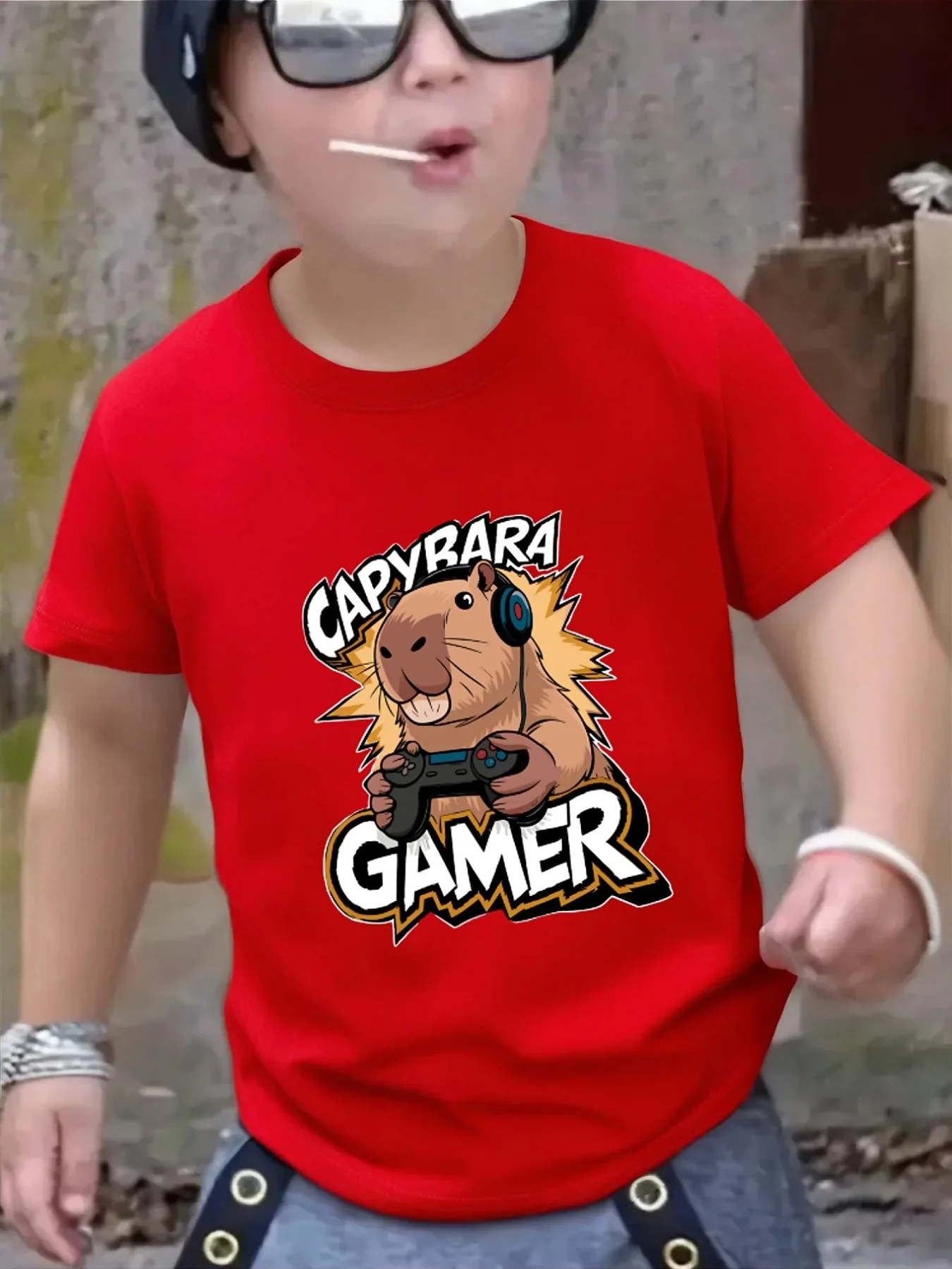 Cute Capybara Gamer Cartoon Print Family Matching T Shirt Boys Girls Tee Parent Child Casual Top Mom Dad Kids Summer Daily Wear